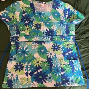 Medium White Cross Blue and Green Floral Scrub Top